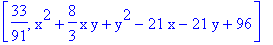 [33/91, x^2+8/3*x*y+y^2-21*x-21*y+96]